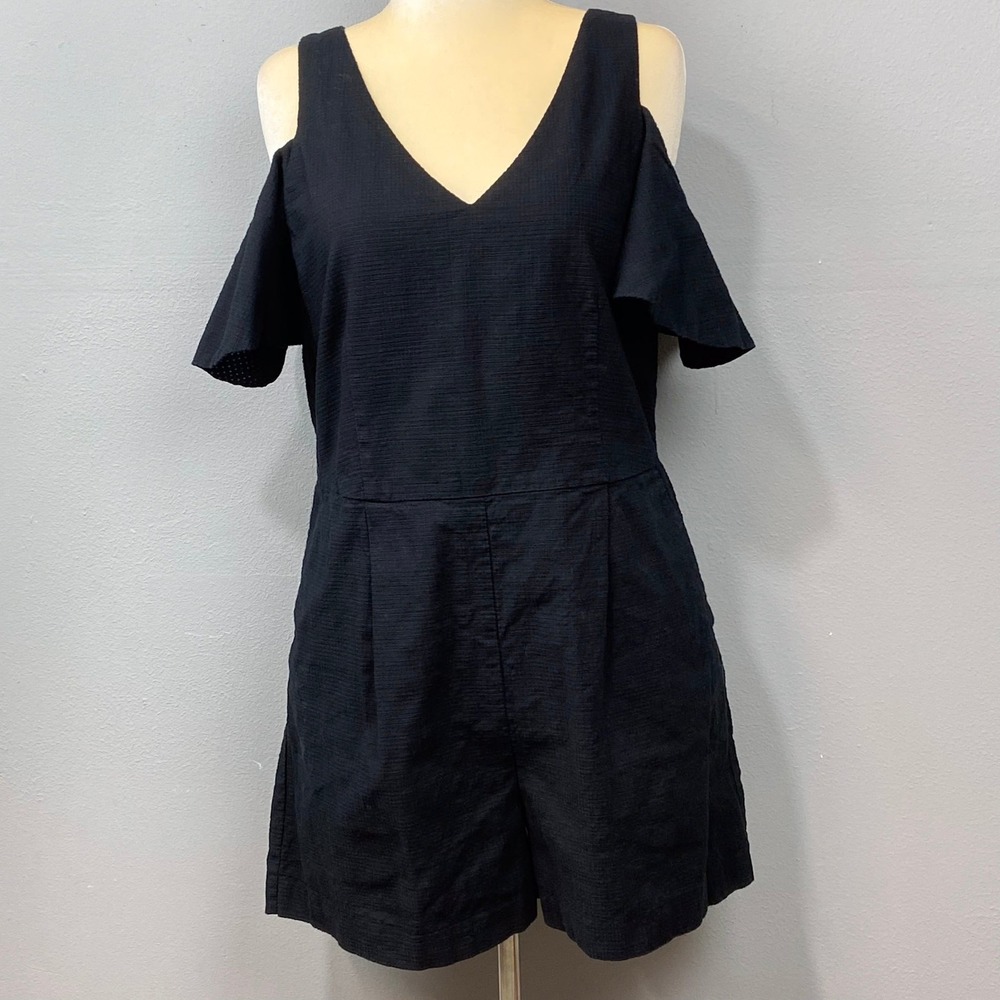 Anthropologie Elevenses Romper Women 14 Black Flutter Sleeve Cotton Pockets